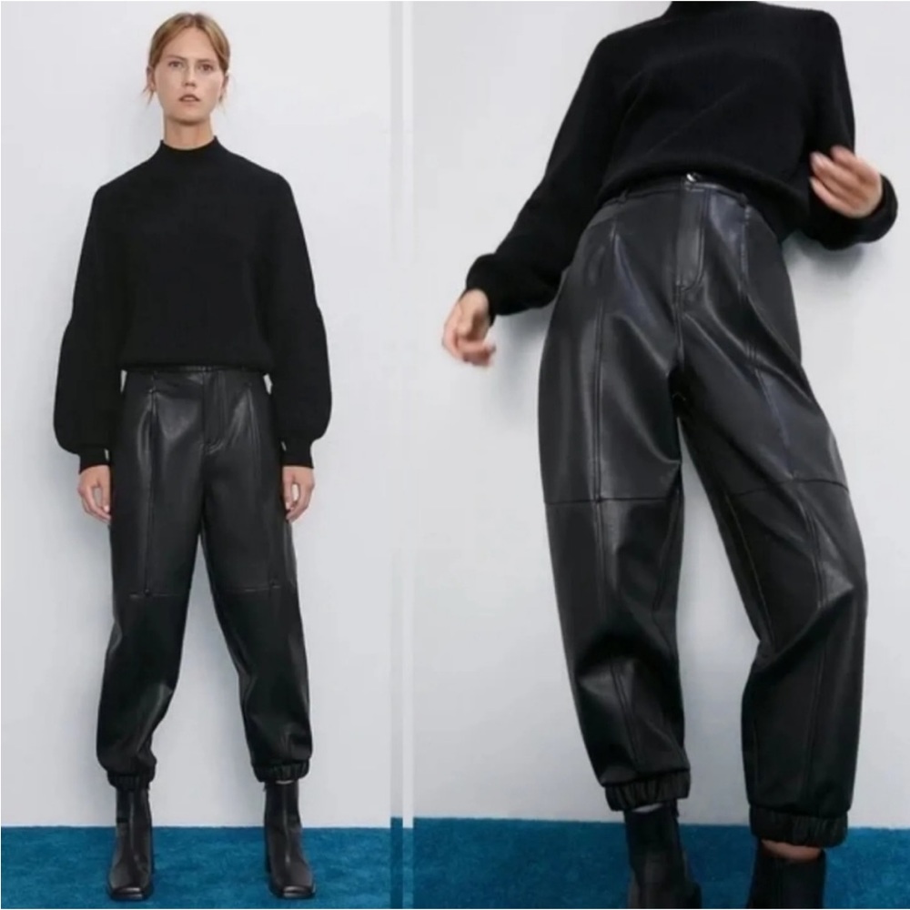 NWT Zara Faux Leather High Waist Black Joggers Barrel Wide Leg Pants Sz 2 4 XS